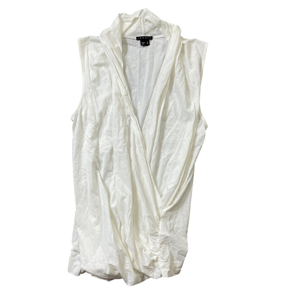 Theory Small White Cotton Blend Sleeveless Faux Wrap Top Ruched Side